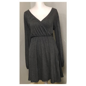 Long Sleeve Grey Faux Wrap Dress